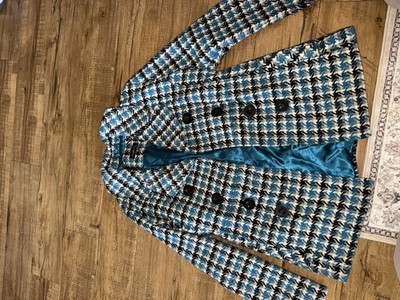 rue21 Women's Houndstooth Pea Coat Blue Black White Double Breasted Collared