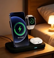 Black 3 in 1 Fast Charging Station Dock Wireless USB-C Phone Earbuds Watch
