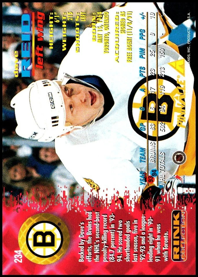 1994-95 Pinnacle #234 Dave Reid - Rink Collection FREE SHIPPING! - Image 2 of 2