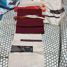 Set of 4 Kimono Accessories obi, obiage, obijime - Cream Red Geometric Used