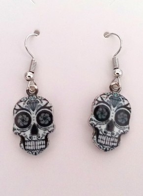 New Silvertone Decorated Skull Earrings Style H - Fun Halloween Day of the Dead