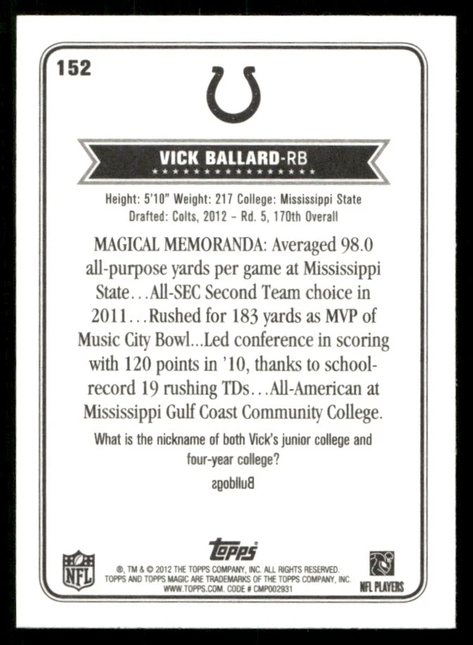 2012 Topps Magic Mini Vick Ballard RC #152 *A* - Image 2 of 2