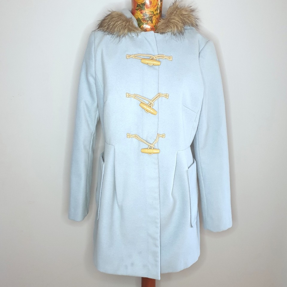 MISS SHOP - Size 12 blue long hooded winter coat jacket faux fur trim