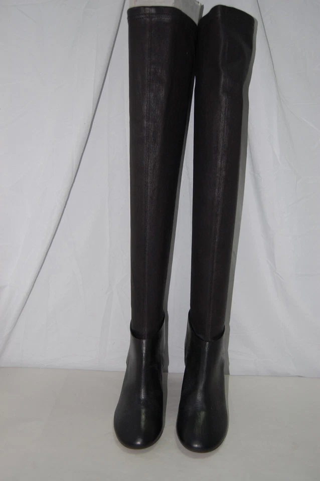 37/ US7❤️Hechas en ITALIA Cuero Negro Elástico Sobre la Rodilla Tacones Altos BOTAS OTK Foto 4 de 4
