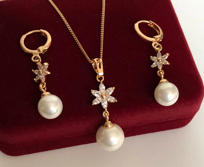 Perlen Schmuckset Halskette Ohrringe Zirkonia Kristalle 18K Gold vergoldet Etui - Bild 4 von 4