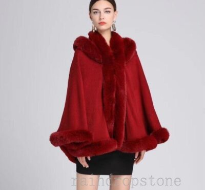 Wool Cashmere Ponchos Faux Fox Fur Trim Cape Cardigan Coat Hooded
