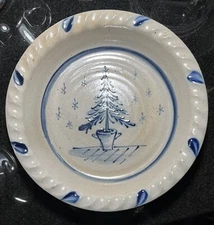 Rowe Pottery Works Pie Plate Pine Tree Christmas 10” Stoneware Primitive  Blue