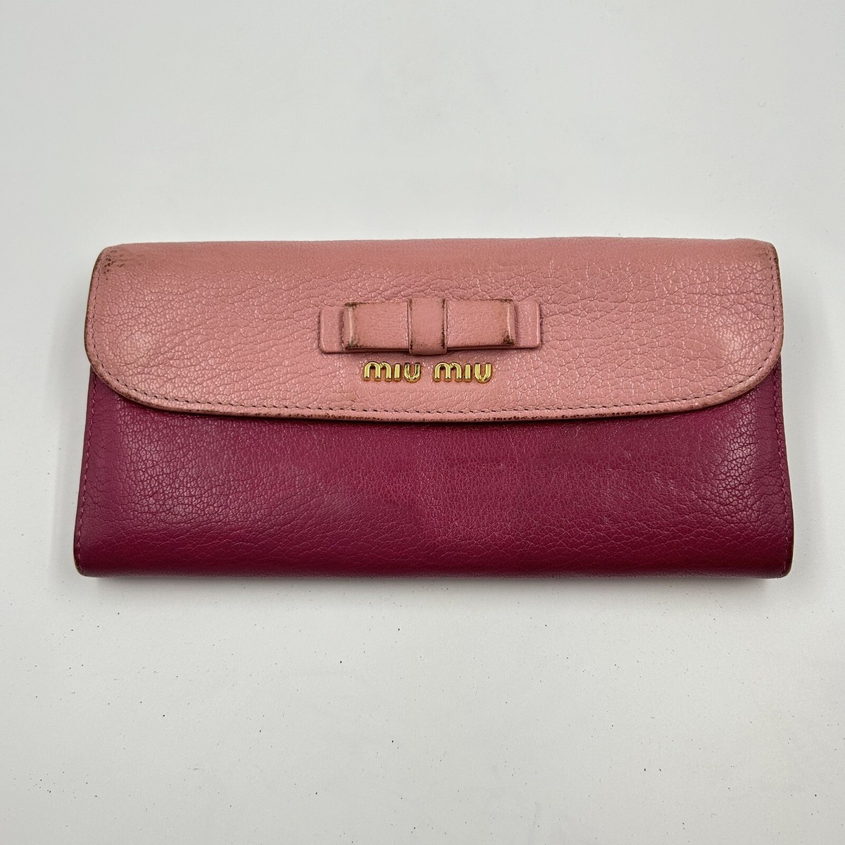 Miu Miu Pink Two Tone Leather Bifold Long Bow Wallet