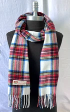 100% CASHMERE SCARF Plaid White/blue/red/yellow Made in England Soft Wool #F302