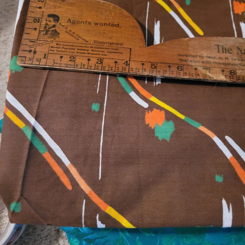 Fun MCM Fabric Geometric Lines and Splotches Brown with Orange & Green 40" x 44" - Image 3 of 3