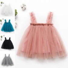 Children Girl Mesh Tutu Dresses Tank Wide Strap Ruffle Birthday Party Summer