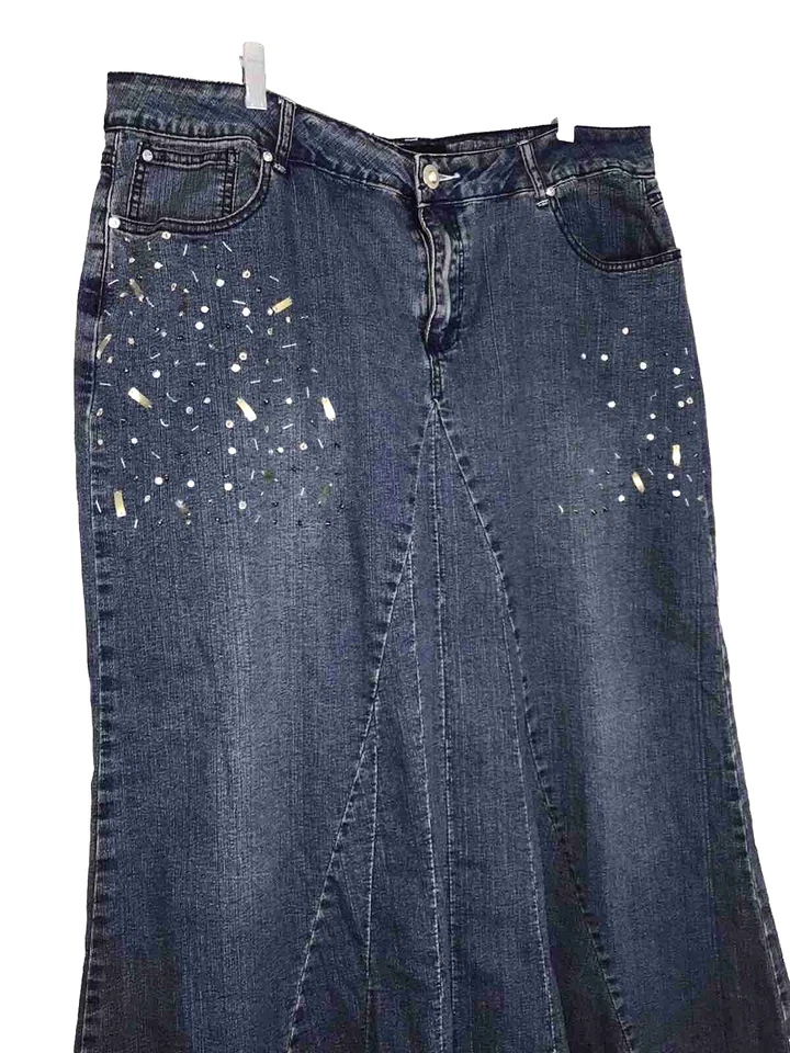 Maxi falda vaquera Ashley Stewart para mujer dobladillo crudo con cuentas elástica talla 16 Foto 4 de 4