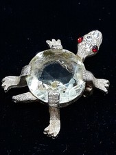 Vintage Turtle Yellow Faceted Glass Shell White Red Rhinestones Brooch /#23