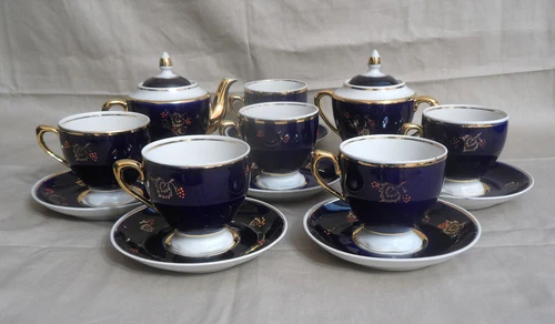 Vintage Dovbys Cobalt & Gold 6 Cups & Saucers, Creamer & Sugar Bowl USSR Ukraine