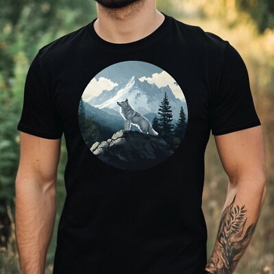 Mens Wolf On The Mountain Motif Cotton T-Shirt Size XS to 5XL