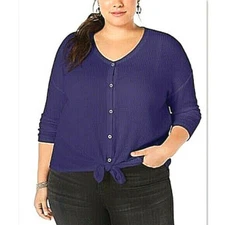 Style & Co Womens 1X Solid Purple Button Tie Front Thermal Knit Top NEW $44.50