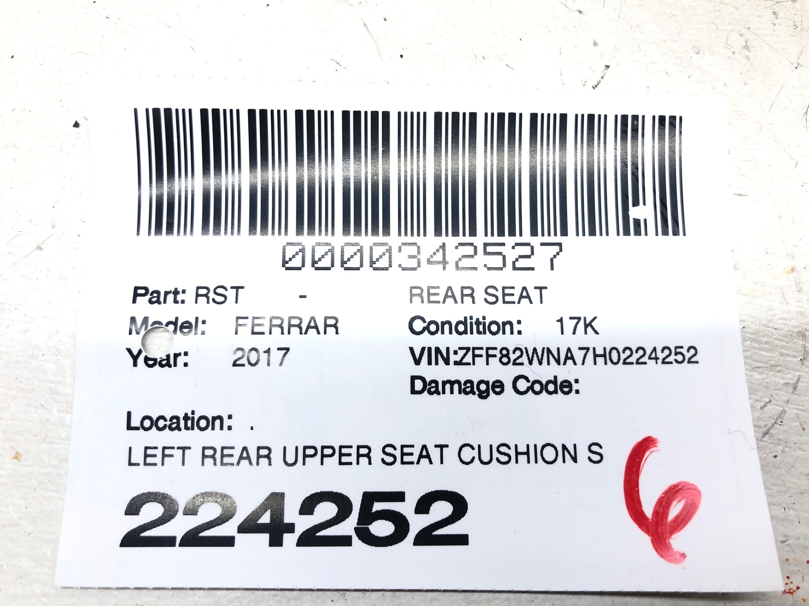 2017-2020 FERRARI GTC4LUSSO LEFT REAR UPPER SEAT CUSHION STD CUOIO 87276212 OEM