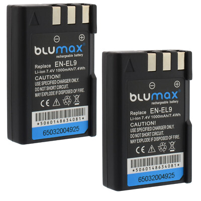 2x Blumax Akku für Nikon EN-EL9  DSLR D40 D60 D3000 D5000 1000 mAh (7,2V)
