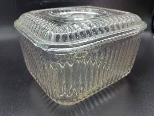 Vintage Anchor Hocking Square Clear Glass Ribbed Refrigerator Dish & Lid W/ Knob