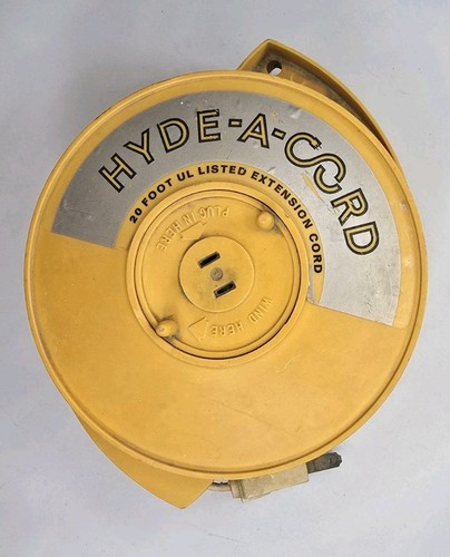 Vintage Hyde-A-Cord 20 Ft Extension Cord Reel Hand Crank Retractable Yellow Mid