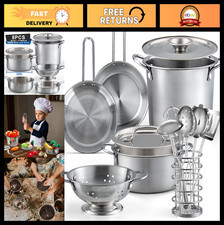 13Pcs Kids Kitchen Playset - Stainless Steel Pots, Pans & Utensils Toy Set for T