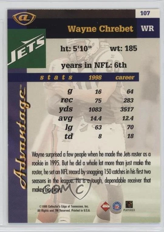 1999 Collector's Edge Advantage Gold Ingot Wayne Chrebet #107 - Image 2 of 2