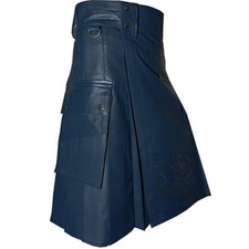 Navy Blue Leather Utility Kilt for Men Modern Scottish Leather Kilt Custom Fit