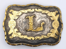 Western Belt Buckle Initial L Engraved Silver  Gold Tone Rodeo Cowboy