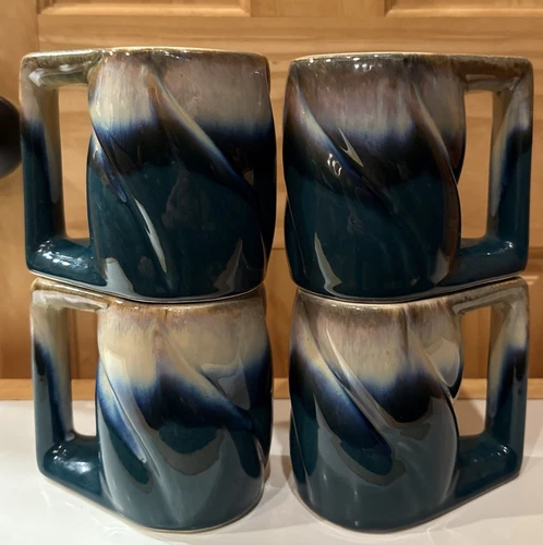4 Rodolfo Padilla Stoneware Pottery Drip Glaze Stacking Mugs Signed By Artist