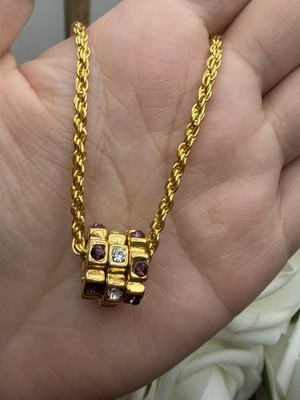 gold tone rope chain necklace clear square crystal charm pendant spring ring