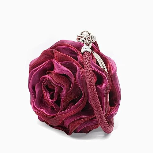 Bolso de Noche en Forma de Rosa Suave Satén Bolso sin asas Cartera Floral Muñequera Bolso de Mano Granate Foto 3 de 4