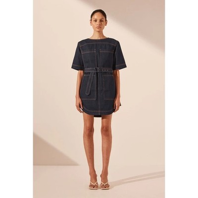 Shona Joy Womens Sz 12 Rita Patch Pocket Mini Dress in Deep Indigo Dark Wash NEW