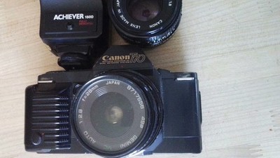 Canon T70 35mm SLR Film Camera Manual Focus w/ FD 50mm f/1.8 + wide angle Flash 