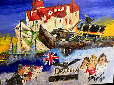 Dracula Signed Expressionist Painting Castle Ship Train Architecture 2010 Small