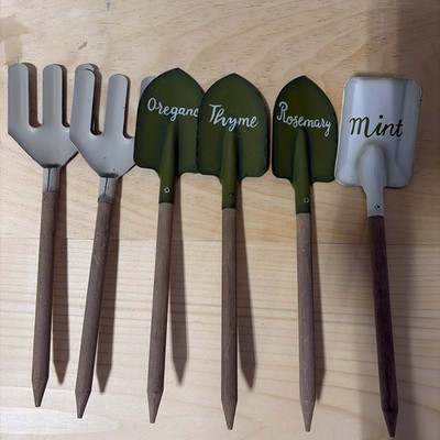 Gardening Hand Digging 6 Metal Tools Fork Shovel Herb Markers Gift For Him Her
