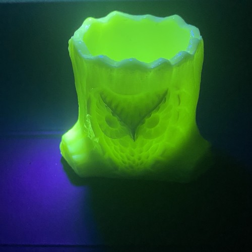 Vintage Uranium Glass Owl Toothpick Holder Owl & Stump Glows Custard Glass *READ