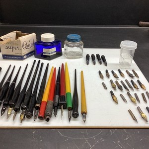 Lot Of 14 Vintage Quill Pens, Two Ink Wells, 23 Used Quills And 4 New Quills
