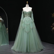 Elegant Off Shoulder Green Evening Gowns Cape Sleeves Sweetheart Wedding Dresses