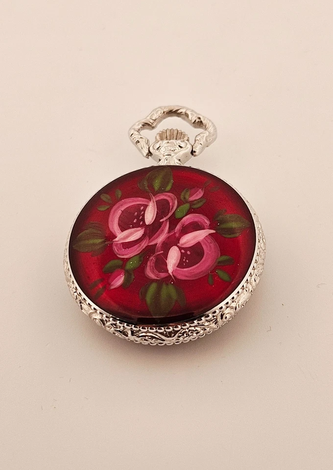 Burcherer Swiss made vintage floral enamel silver tone 25mm pocket watch - Image 4 of 4