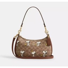 COACH x PEANUTS Teri Shoulder Bag Tan Brown Snoopy Print Signature Canvas CBJ88-