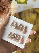 Bling Crystal Press On Nails XS Size | Nude Pink Trapezoid Square Tip