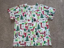 Tafford Womens Christmas Holiday Winter Scrub Top Snowmen Presents Stockings