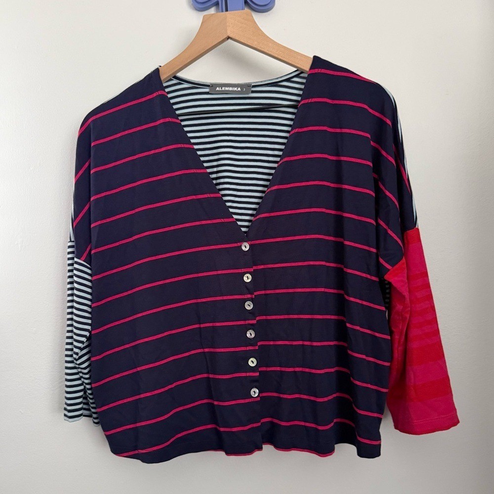 Alembika 3 Large Striped Long Sleeve Button Up Top Boxy Relaxed Navy Comfy