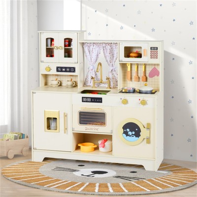 Beige Wooden Kids Play Kitchen w/ Rotatable Faucet & 14 Accessories Cooking Set