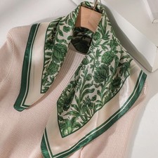 100 Silk 21" Square Scarf Women Neckerchief Wrap Kerchief Bandana Green Flowers