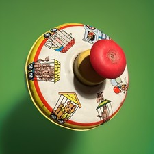 Vintage Ohio Art Tin Metal Toy Spinning Top - Works Circus Animals