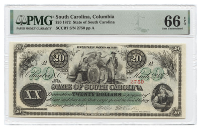 SCCR7 1872 $20 Obsolete Bank Note PMG Gem UNC66 EPQ - Obsolete Bank Note