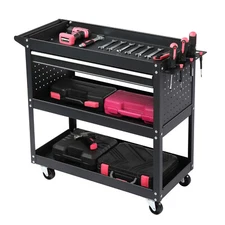 3-Tier Rolling Tool Cart, Metal Heavy Duty Utility Cart on Wheels with Pegboard.