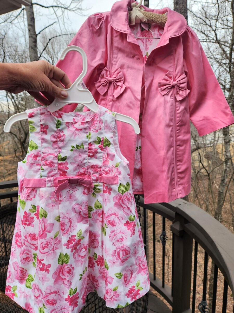 Polly Flinders piece Matching Set Pink Coat Floral Dress 2T Bows Lined  EUC!