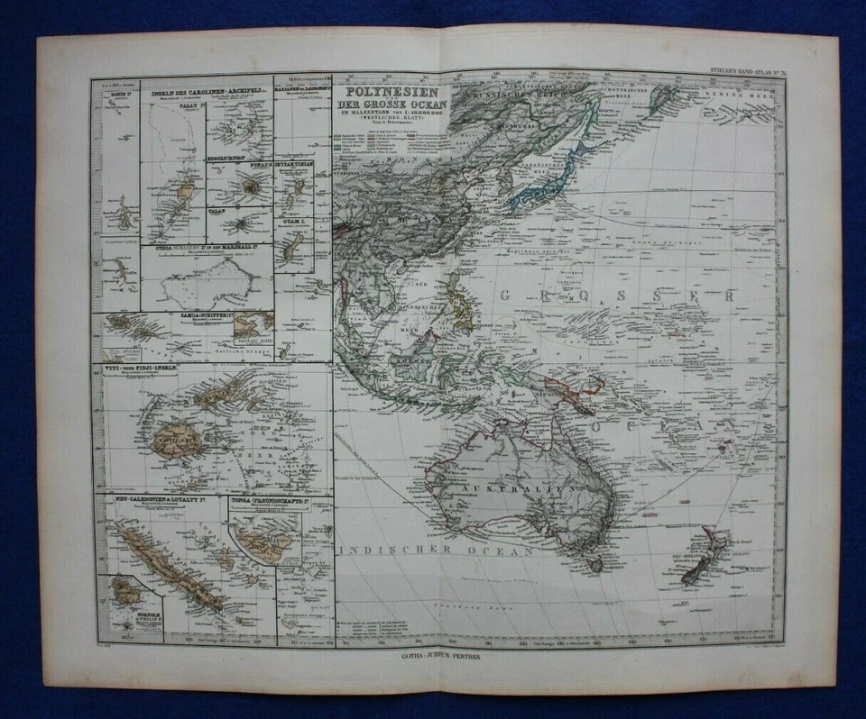 Mapa antiguo original POLINESIA, PACÍFICO, FIJI, TONGA, AUSTRALIA, Stieler, 1886 Foto 2 de 4